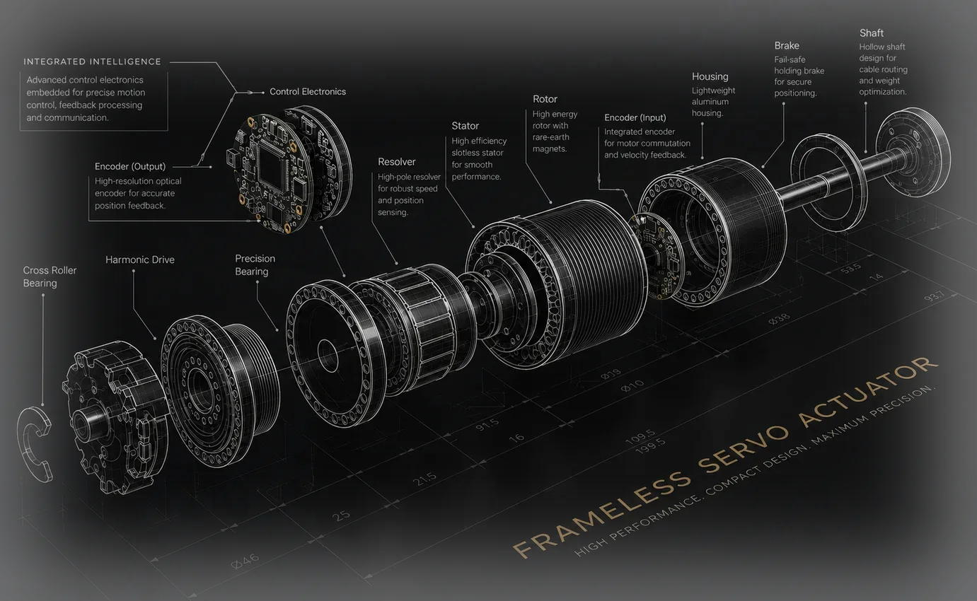 Exploded frameless servo actuator technical render